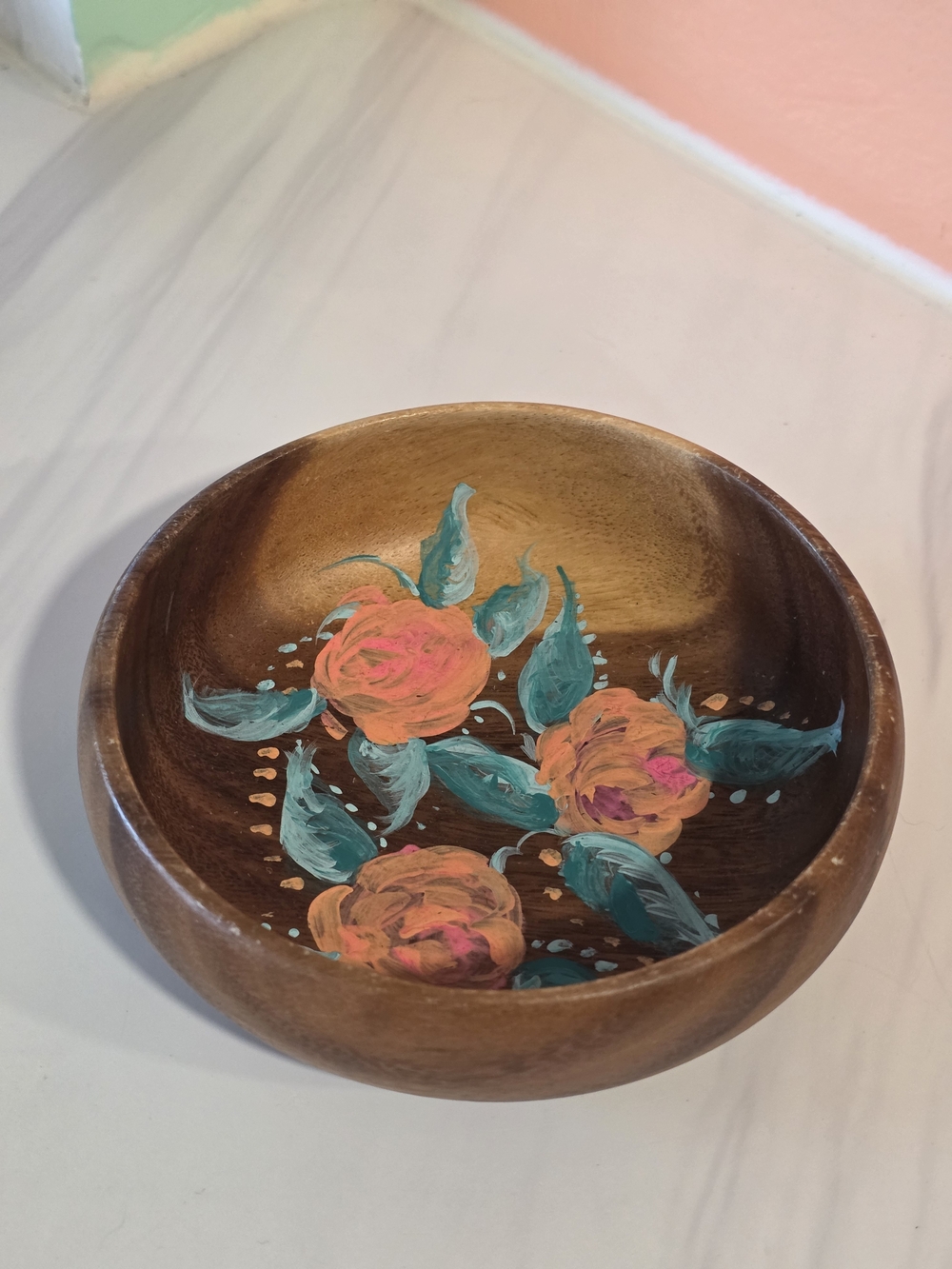 Hand-Painted Wooden Decorative Bowl in Coral & Teal